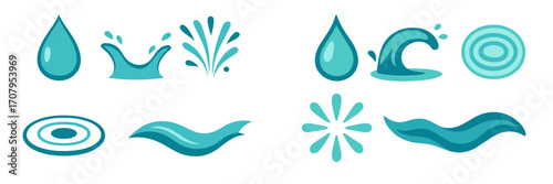 Assortment of stylized water elements featuring drops, dynamic splashes, flowing waves, and concentric ripples in a clean graphic design for various uses