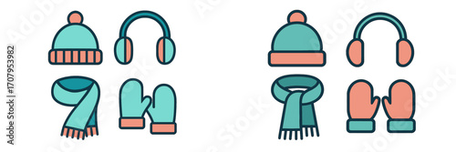 Collection of warm winter accessories including knitted hats, earmuffs, scarves, and mittens for cold weather protection and comfort