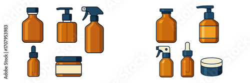Assortment of amber glass cosmetic and pharmaceutical containers with pump, spray, and dropper caps