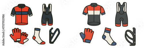 Professional cycling apparel and equipment set with jerseys bib shorts gloves socks and bottle cage