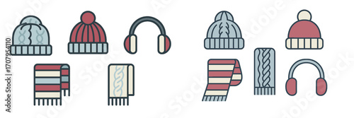 Collection of cozy winter accessories including knitted hats, warm scarves, and earmuffs for cold weather