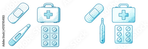 Essential medical supplies for health and emergency care including bandages, first aid kits, thermometers, and blister packs of pills