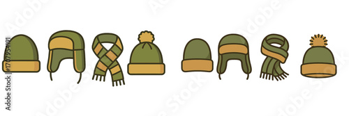 Assortment of cozy winter headwear and neckwear including beanies, ear flap hats, and striped scarves