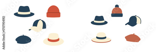 Collection of various hats including fedoras, beanies, baseball caps, berets, and sun hats