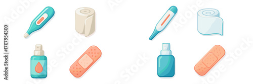 Assortment of essential first aid and medical supplies including thermometers, bandages, and antiseptic spray bottles for health care and emergency treatment
