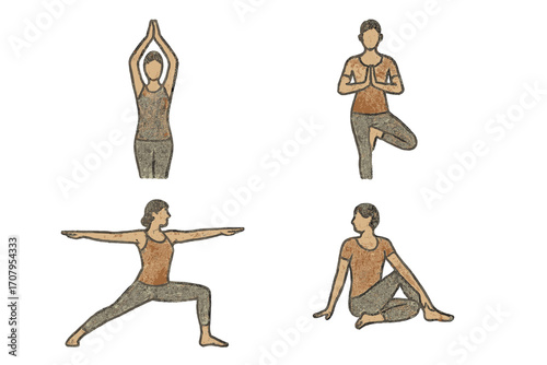 Diverse yoga postures for physical and mental well-being, including standing and seated variations for fitness and relaxation