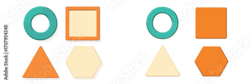 Collection of colorful geometric shapes including circles, squares, triangles, and hexagons arranged in a grid pattern