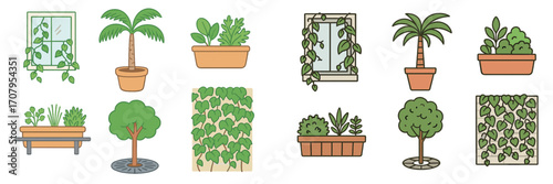 Collection of diverse potted plants, outdoor trees, and climbing vines for home and garden decoration, including window boxes and wall ivy