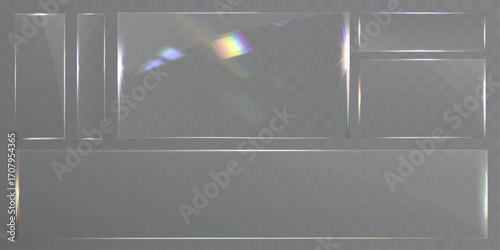 Transparent glass panels set with light glare rainbow reflection vector template for banner ui design.
