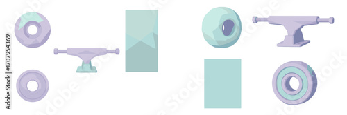 Modern geometric skateboard components set featuring wheels, trucks, and bearings in pastel colors on a clean white background