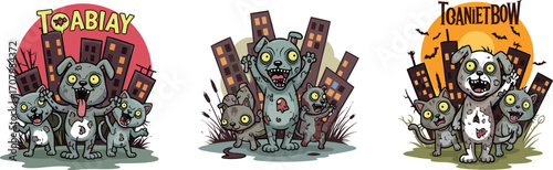 Cartoon zombie dogs and cats, scary undead animals, city background, apocalypse theme, spooky pets, horror characters, funny zombie group
