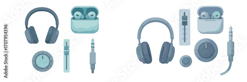 Modern audio devices set featuring wireless headphones, earbuds, sound control elements, and audio jack plugs