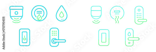 Gradient line icons for smart home security, automation, and access control systems with various sensors and digital locks