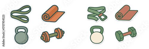Collection of essential fitness equipment including resistance bands, yoga mats, kettlebells, and dumbbells for home workouts