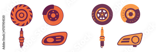Collection of essential automotive parts including wheels, brake discs, spark plugs, and headlights for vehicle repair and service