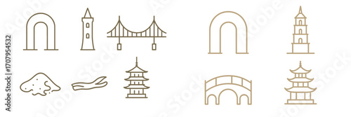 Minimalist line art icons of architectural landmarks and natural elements including bridges, pagodas, towers, arches, and abstract shapes