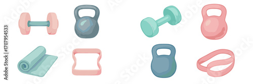 Collection of pastel fitness equipment including dumbbells, kettlebells, yoga mat, and resistance bands for home workouts