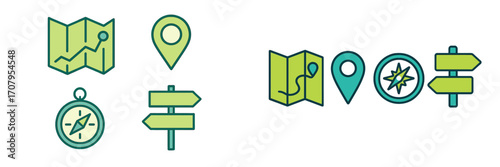 Set of essential navigation and travel icons featuring a folded map, location pin, compass, and directional signpost