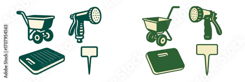 Assortment of essential gardening tools and equipment including a seed spreader, spray nozzle, kneeling pad, and plant marker for various outdoor tasks