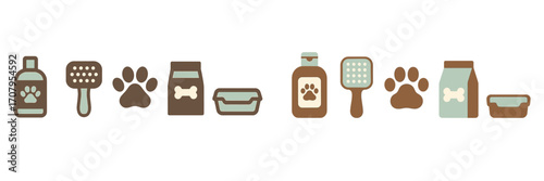 Various pet care accessories and supplies including shampoo, grooming brush, food bag, paw print, and litter box for domestic animals