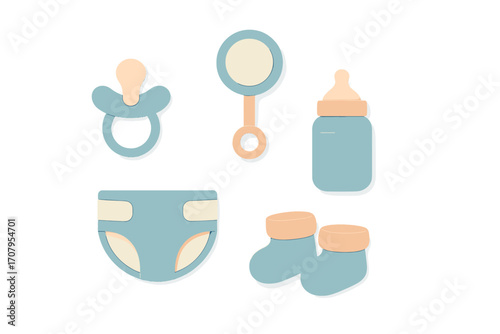 Collection of essential baby items including pacifier, rattle, bottle, diaper, and booties in soft pastel colors