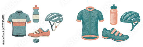 Collection of essential cycling apparel and accessories including jerseys helmets shoes and water bottles for bicycle enthusiasts