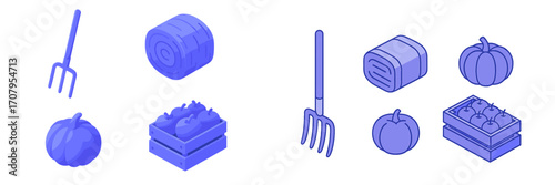 Isometric farm and harvest elements including pitchfork, hay bale, pumpkin, and apple crate for agricultural themes