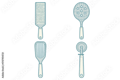 Collection of essential kitchen gadgets and utensils for cooking and baking, such as a food grater, skimmer, turner, and pizza slicer