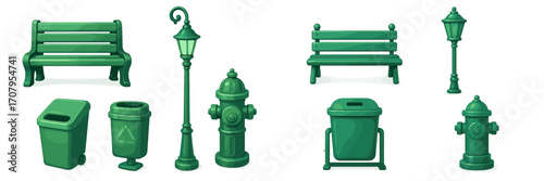 Urban park and street furniture set featuring benches, streetlights, fire hydrants, and trash cans, isolated on white background