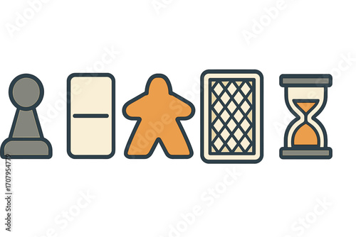 Assortment of classic board game pieces including a pawn, domino, meeple, playing card, and hourglass