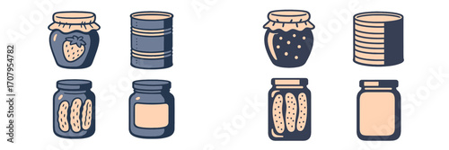 Assortment of food preservation jars and cans with jam, pickles, and blank labels for kitchen pantry organization