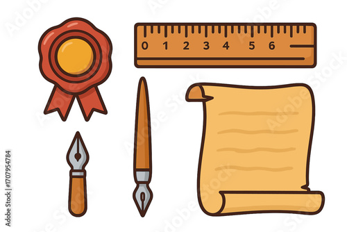 Vintage writing and measurement tools with wax seal, ruler, fountain pens, and old parchment scroll