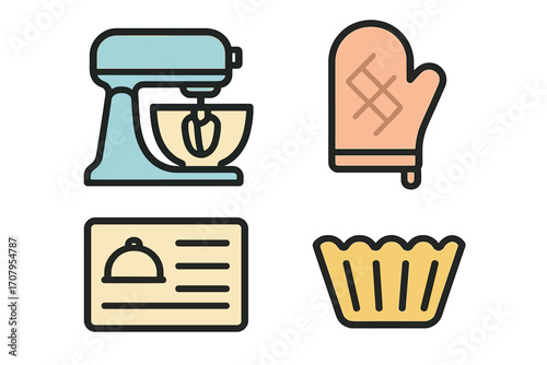 Collection of baking and kitchen equipment icons including stand mixer, oven mitt, cupcake wrapper, and food service card