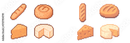 Variety of pixel art bread loaves, rolls, and cheese wedges in a classic retro video game aesthetic