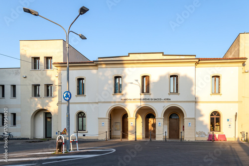 Piove di Sacco railway station with sign Mestre-Piove di Sacco-Adria in Padua, Veneto, Italy