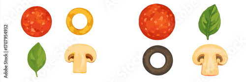 Assortment of fresh pizza ingredients including pepperoni slices, whole and sliced mushrooms, black olives, and vibrant green basil leaves