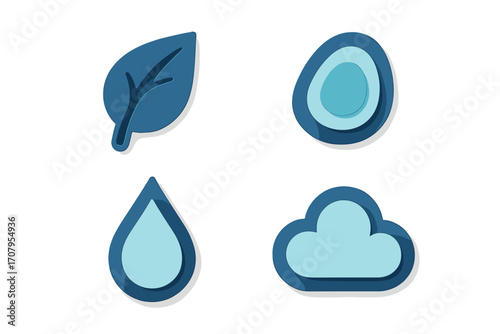 Set of environmental nature icons including a leaf, sun, water drop, and cloud with a modern layered blue design