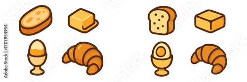 Variety of breakfast foods including toast, butter, boiled egg, and croissant for morning meal themes