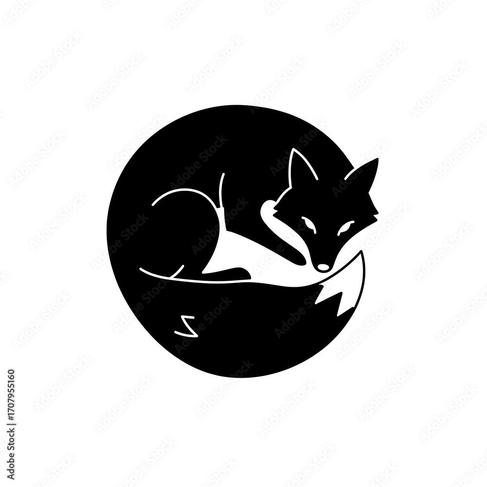 Obraz premium Black fox silhouette curled in a circle with minimalist nature design, logo, and icon.