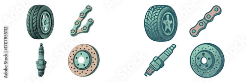 Collection of essential automotive spare parts including tires, chains, spark plugs, and brake discs