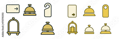 Hotel service and guest accommodation items such as reception bells, key cards, door hangers, and luggage carts