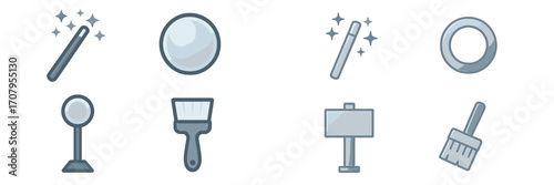 Set of creative tool icons including magic wands, magnifying glasses, paint brushes, and cleaning brooms