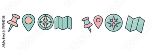 Collection of navigation and location icons including map markers, compass, and folded map symbols for travel applications