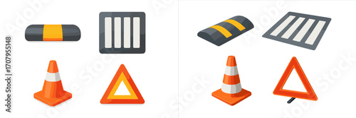 Road safety equipment set featuring traffic cones, speed bumps, warning signs, and pedestrian crossing