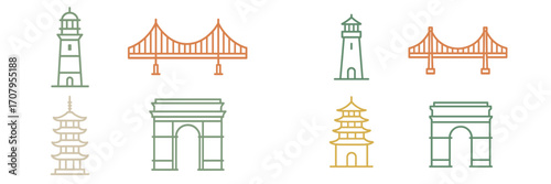Minimalist outline famous global landmarks and architectural structures including bridges, lighthouses, pagodas, triumphal arches