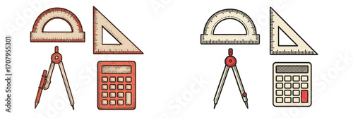 School supplies for geometry and mathematics education including protractor, set square, compass, and calculator