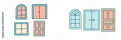 Collection of various windows and doors in different styles and shapes for architectural design and home improvement projects