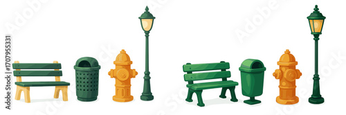 Collection of urban street furniture elements including park benches, trash cans, fire hydrants, and street lamps