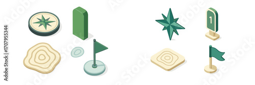 Isometric navigation and map elements with compass, flag, marker, and topographic details for outdoor adventure