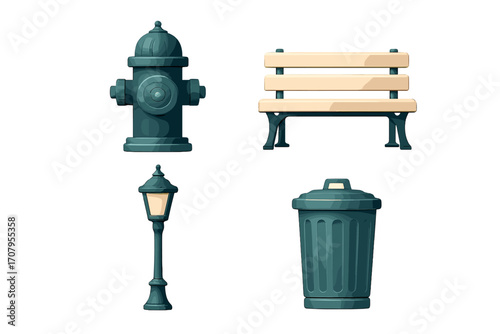 Essential urban street elements set: fire hydrant, park bench, classic street lamp, modern garbage bin